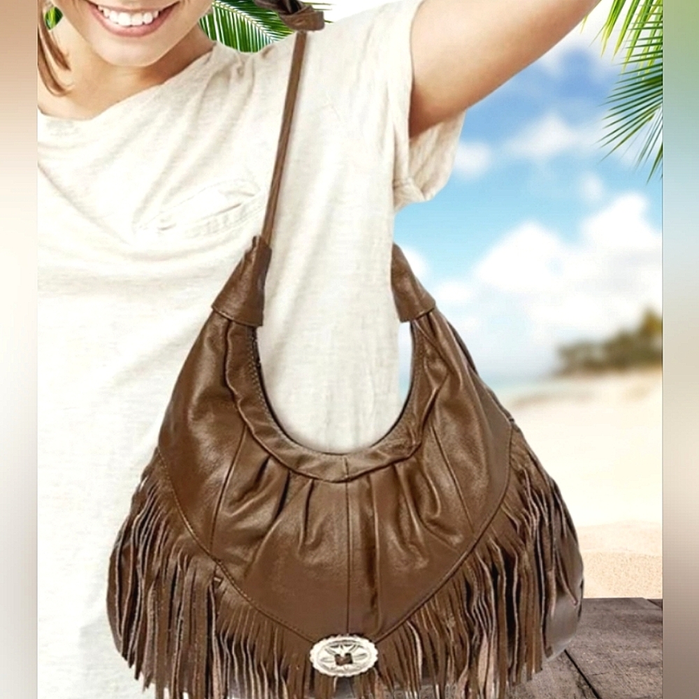 Fringe Leather Silver Detail Large Purse Boho Western Bag - Picture 5 of 16